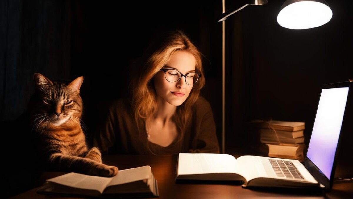 Картинка любезно сгенерирована нейросетью.  Мне очень понравился гибрид книги и ноутбука. Зацените! Ну и котик, конечно ))