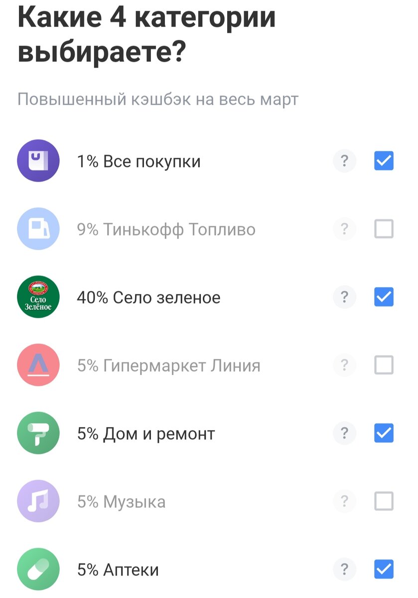 Категории кэшбэка