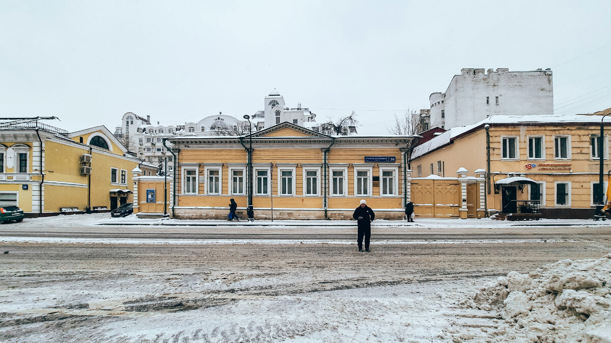 Дом-музей В.Л.Пушкина с захватом вида соседних домов. Товарища, участвующего в уборке снега на дороге не стала здесь удалять, сохранила для истории 