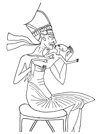    «Новое искусство» в Ахетатоне. В ответ на тенденцию изображать фараона больше и красивее, чем в жизни, Эхнатон, похоже, поощрял своих художников практиковать реализм, граничивший с карикатурой. Этот портрет Эхнатона с одной из его дочерей обнаружен среди руин Ахетатона (Тель-эль-Амарна) 
Источник: https://historylib.org/historybooks/Dzheffri--Bibb_Dve-tysyachi-let-do-nashey-ery--Epokha-Troyanskoy-voyny-i-Iskhoda--KHammurapi-i-Avraama--Tutankhamona-i-Ramzesa/19