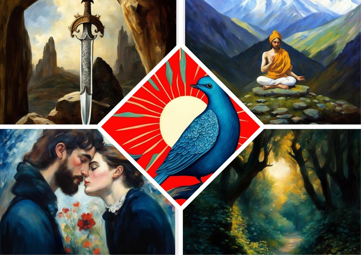 Воля (меч), Истина (медитация), Любовь (влюбленные), Естество (природа) и Душа (птица), достигшая Самости (солнце)