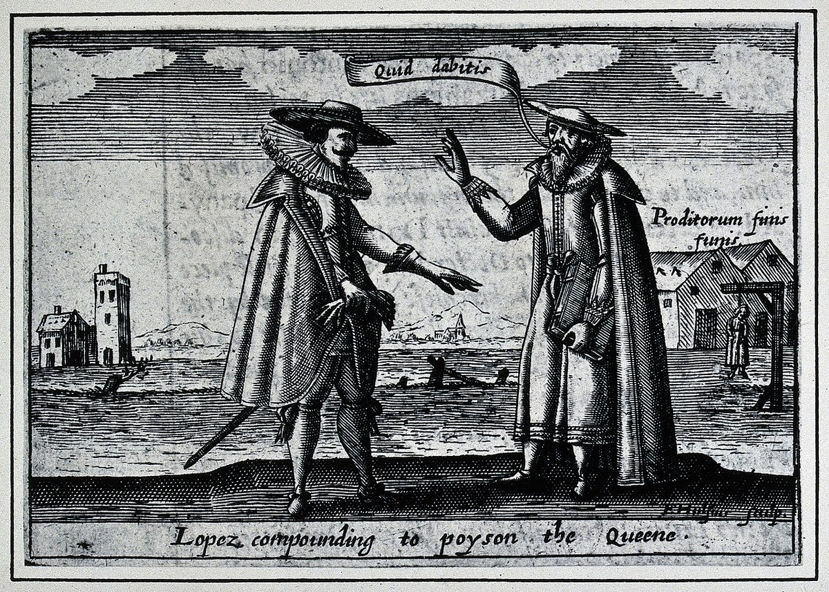Надпись под гравюрой: "Лопес готовится отравить королеву". Лопес справа. Открытый источник.