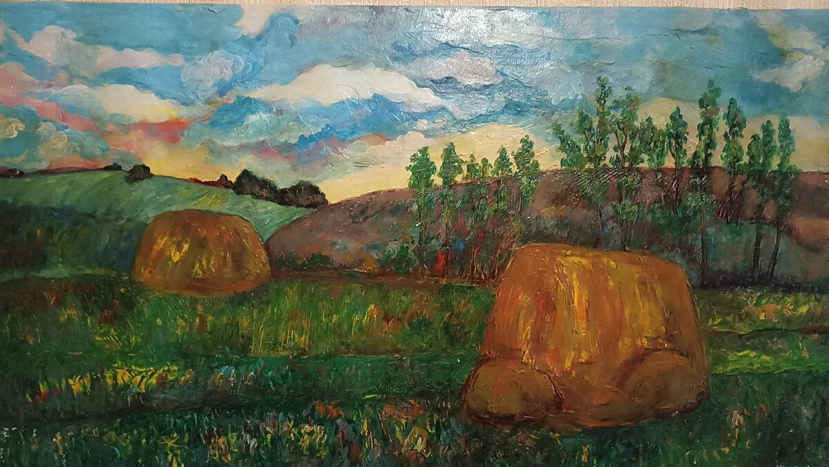 Розовый рассвет в полях. Стога в начале сентября. Картина Александра Елизарэ. 207 год. Фото из архива автора. 