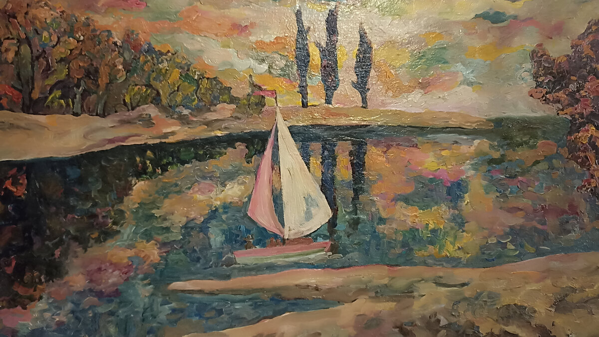 Речка и парусник в Абхазии. Картина Александра Елизарэ. 2009 год. Фото автора.