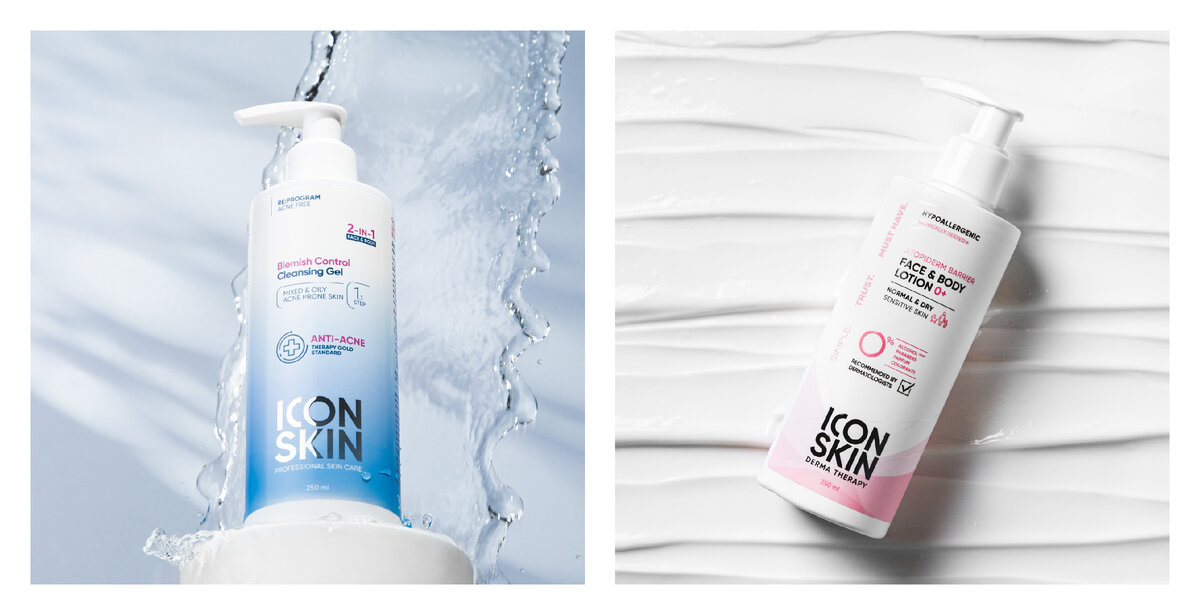 ICON SKIN Очищающий гель Blemish Control 2в1 и Увлажняющий лосьон Atopiderm Barrier