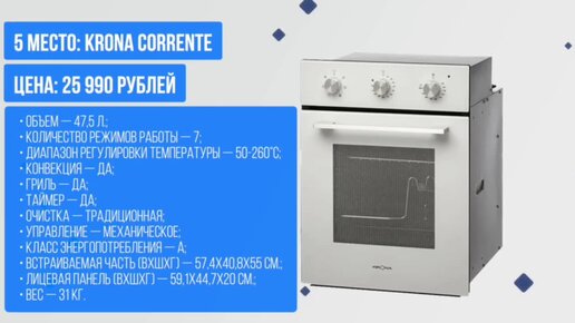 Топ-5 духовых шкафов по версии медиа My gadget: духовой шкаф KRONA CORRENTE на 5 месте