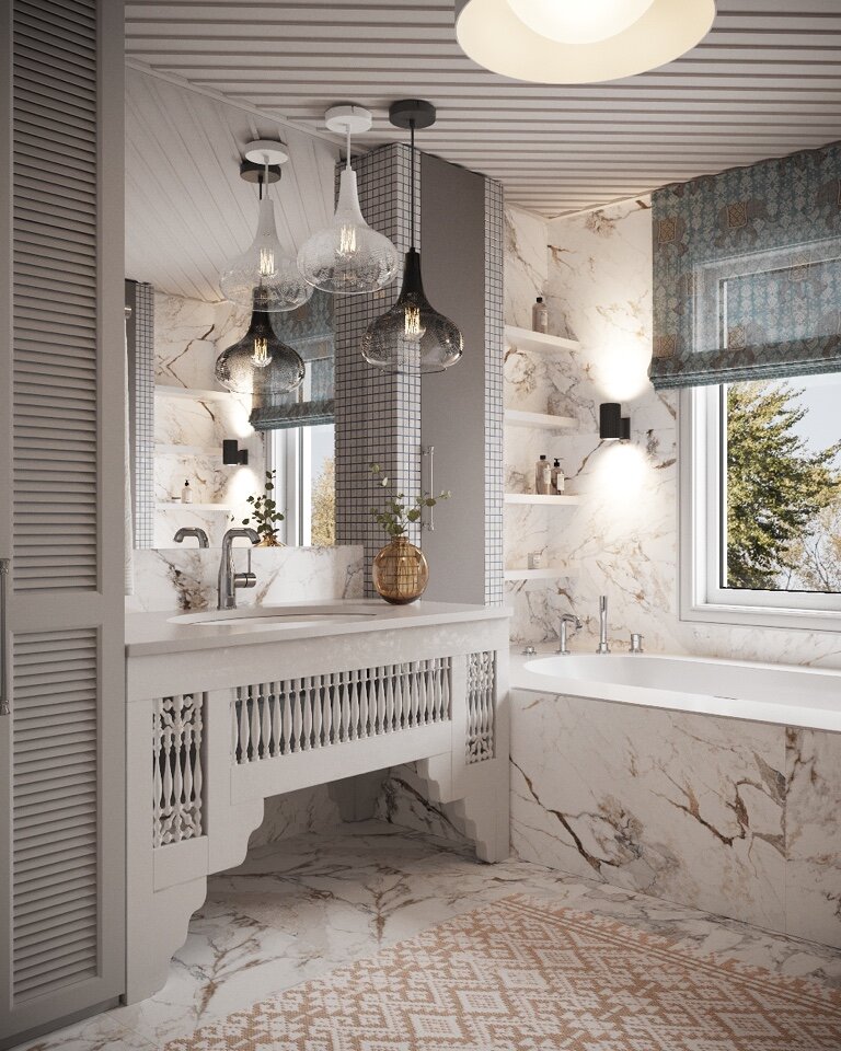 В данном интерьере используется мебель из натурального дерева с резными узорами