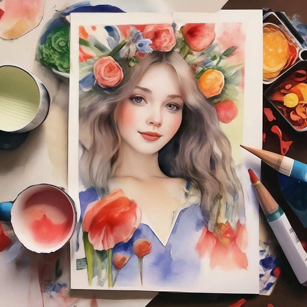 Открытка нарисованная акварелью на 8 марта