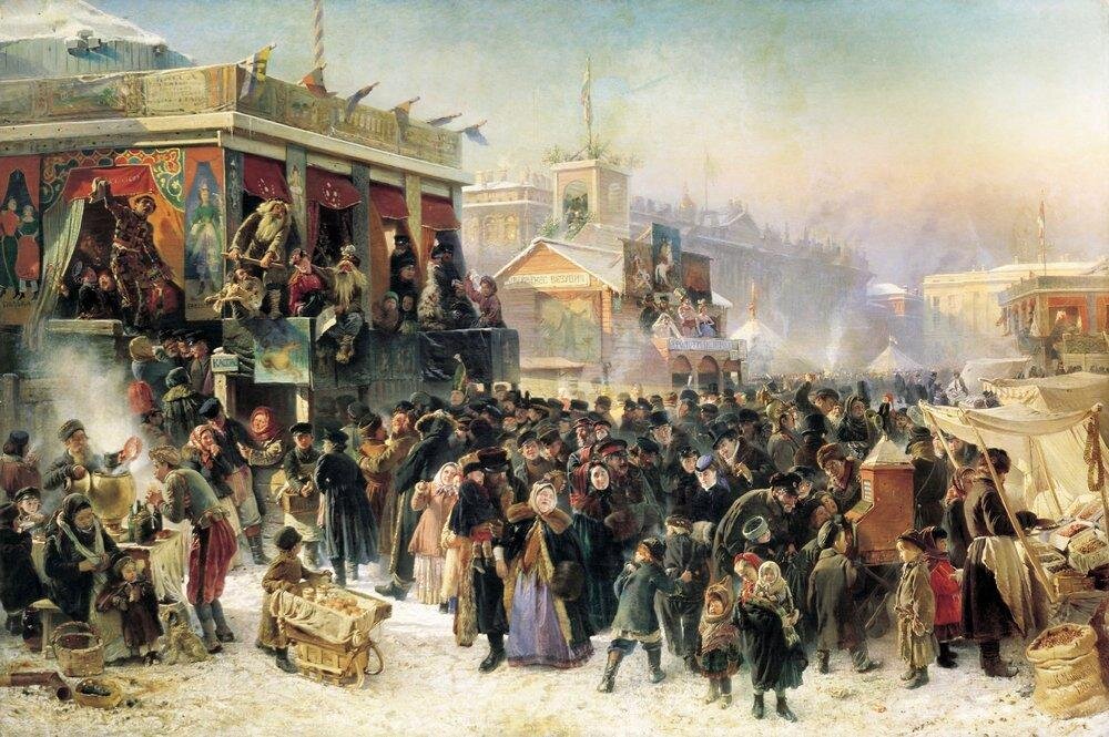 "Народное гулянье во время масленицы на Адмиралтейской площади в Петербурге". Художник Маковский К. 