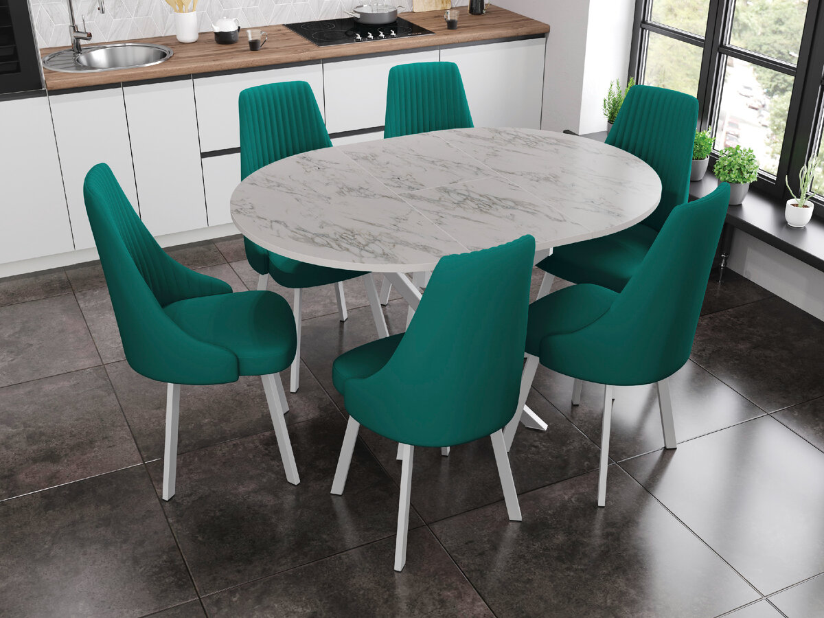 Роскошный обеденный стол-трансформер со столешницей под мрамор на металлической основе