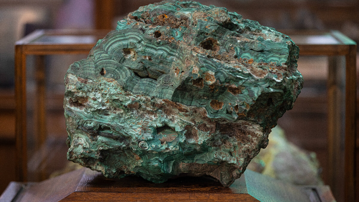 Малахит с Меднорудянского месторождения. Коллекция Демидовых. Экспозиция музея института Карпинского