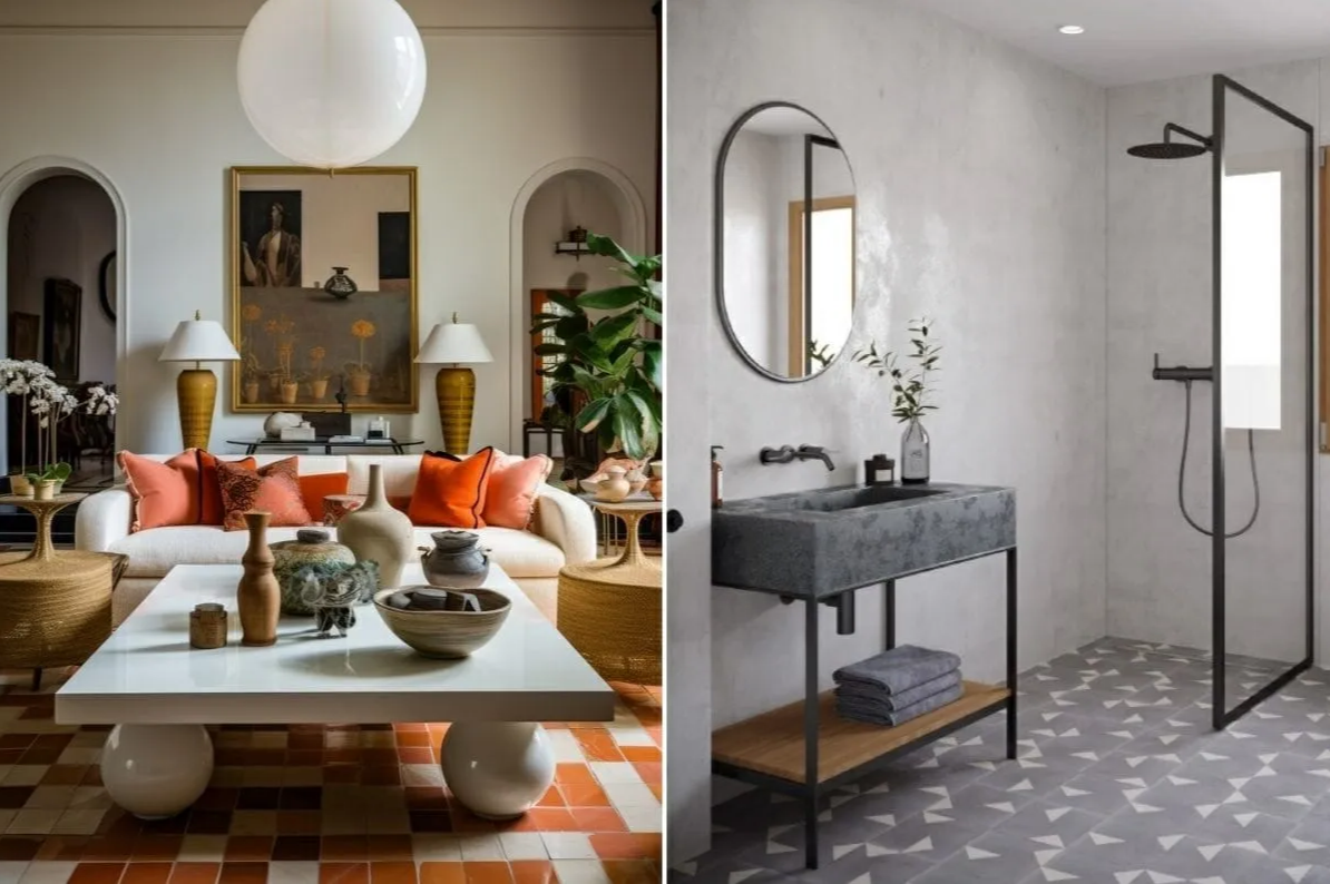 Креативная плитка на полу с Микроцементом на стенах 