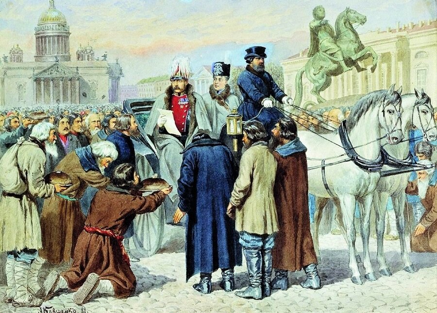 Чтение манифеста 1861 года Александром II на Смольной площади в Санкт-Петербурге. Художник Кившенко А.Д.