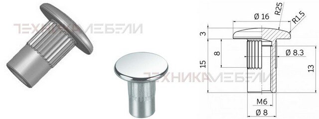 Гайка Эриксона M6 х 15 с накаткой (тело Ø 8 мм) полукруглая головка Ø ...
