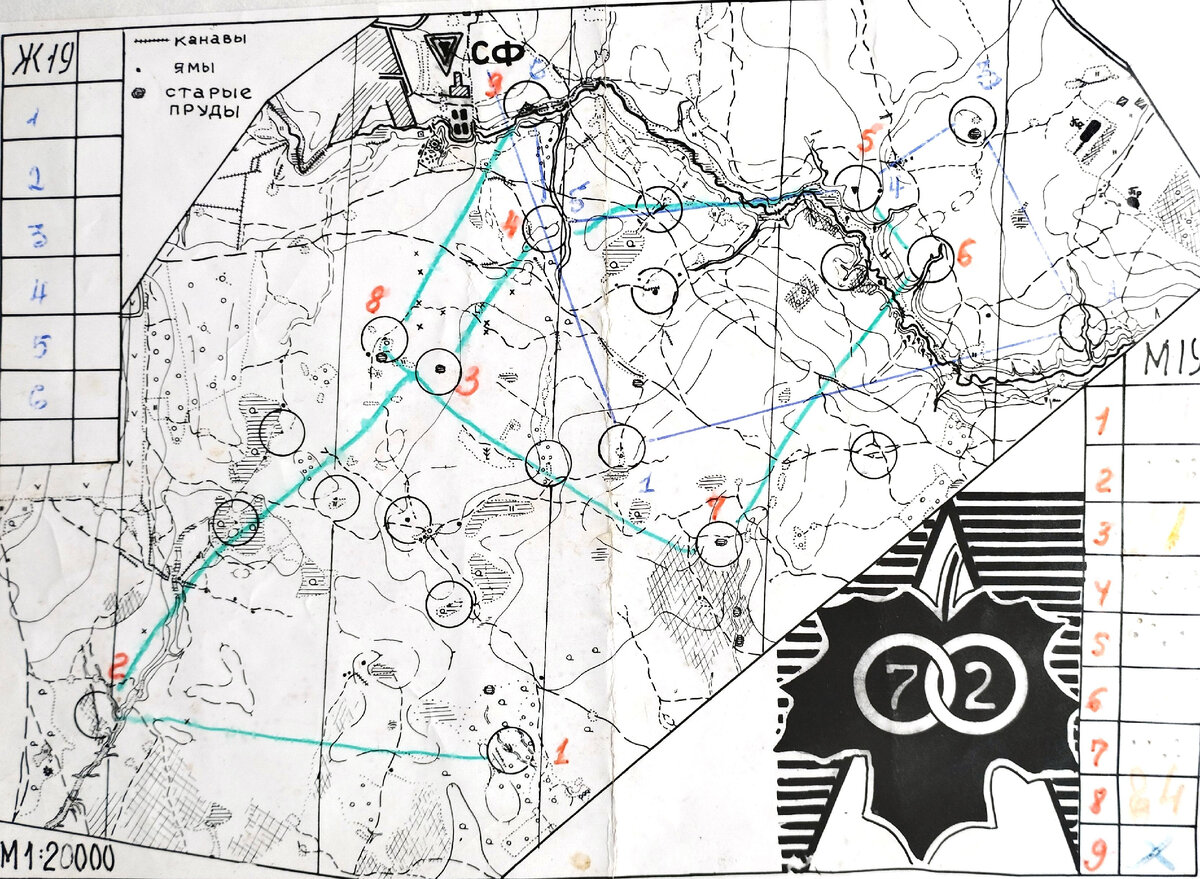 Та самая карта "Золотых Колец-72" на Круглом Озере 12.11.72. Мужская дистанция - красная нумерация, зелёный фломастер.