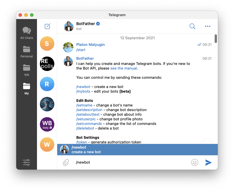 Ввожу /newbot для создания нового бота