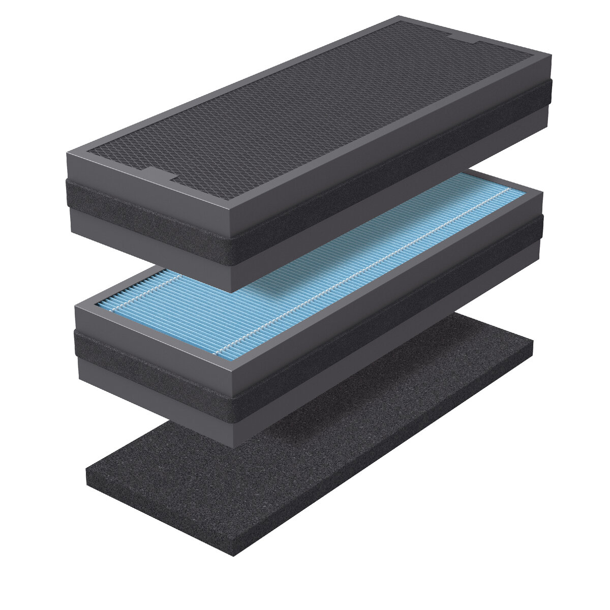 Система фильтрации на примере бризера Tion 4S (сверху вниз: префильтр класса G4, фильтр класса HEPA H13, фильтр адсорбционно–каталитический АК–4S)