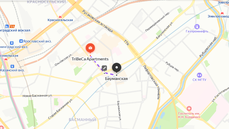 Ближайшая станция метро на карте рядом с ЖК «Трайбека Апартментс»