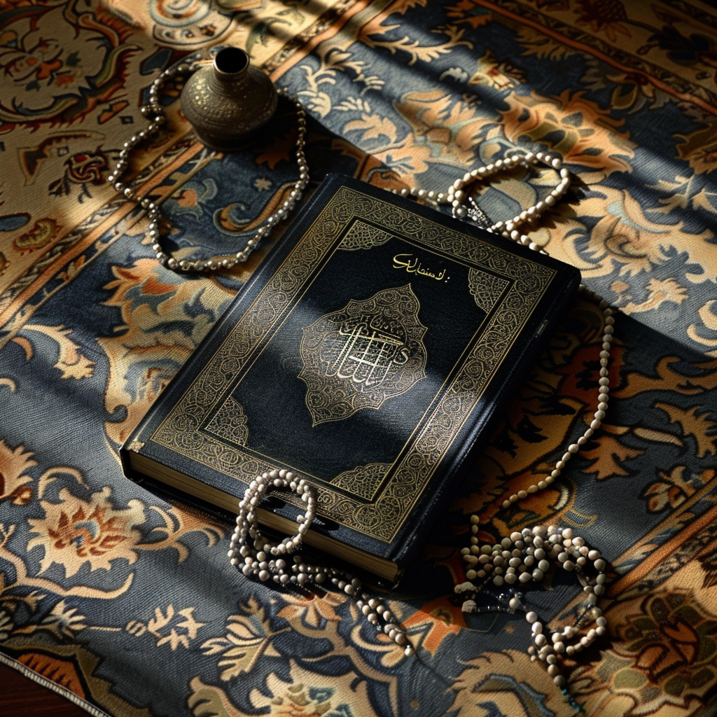 Коран, четки и молитвенный коврик.