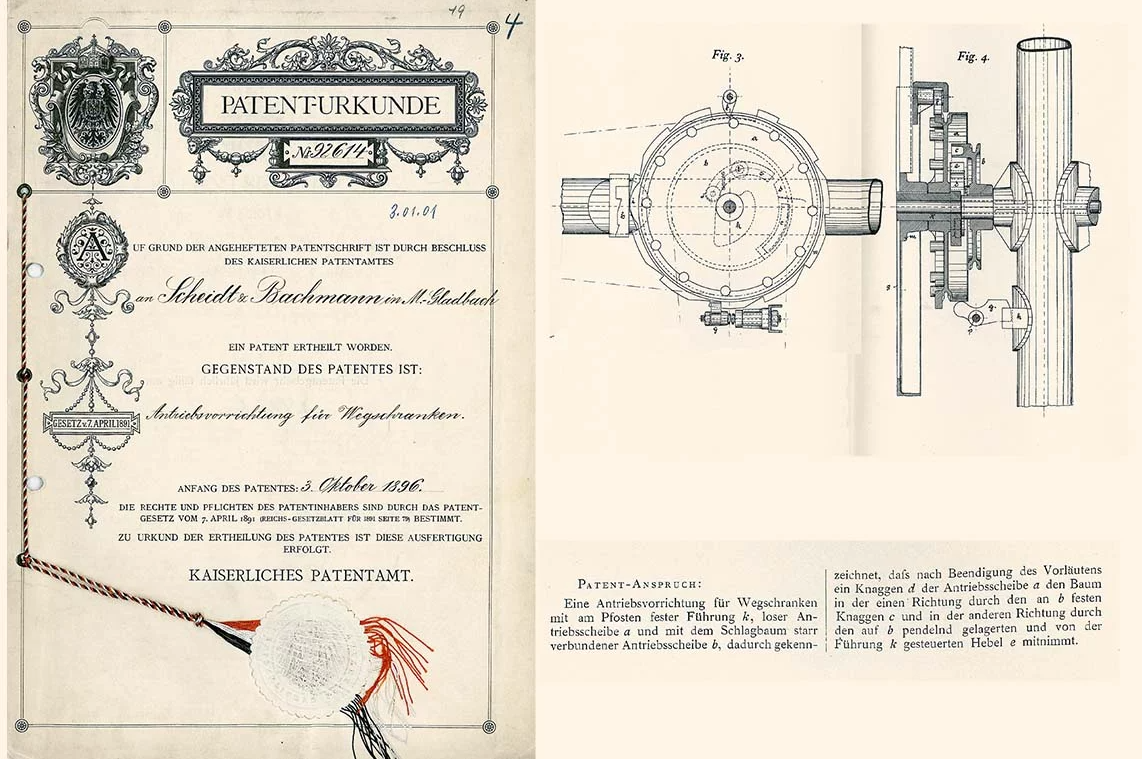 Патент полученный в 1896 году компанией Scheidt & Bachmann на устройство напоминающее редуктор шлагбаума