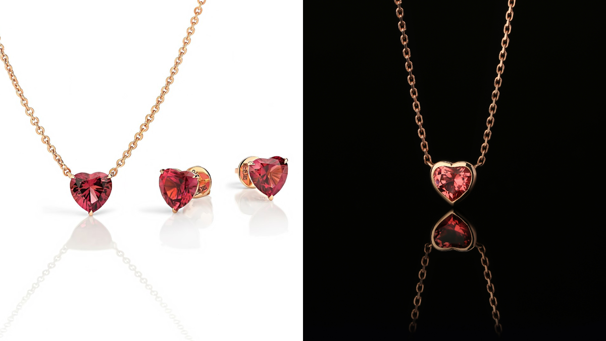 Красные турмалиновые «сердца» могут стать отличным презентом для девушки, которая предпочитает романтический стиль. На фото кулон и пусеты из коллекции FOVEO, OLGA SHATROVA