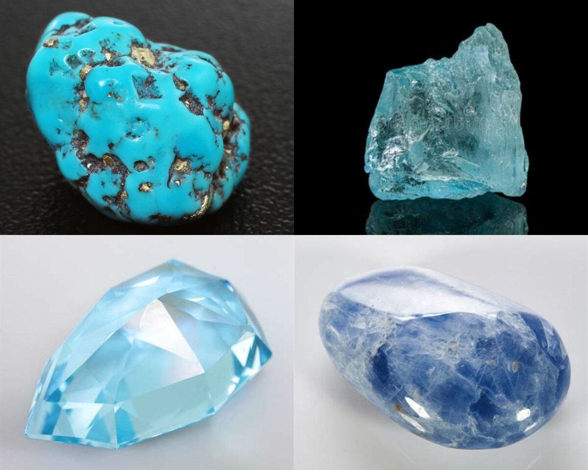 На фото: верхний ряд: бирюза, аквамарин, нижний ряд: голубой топаз, голубой кальцит