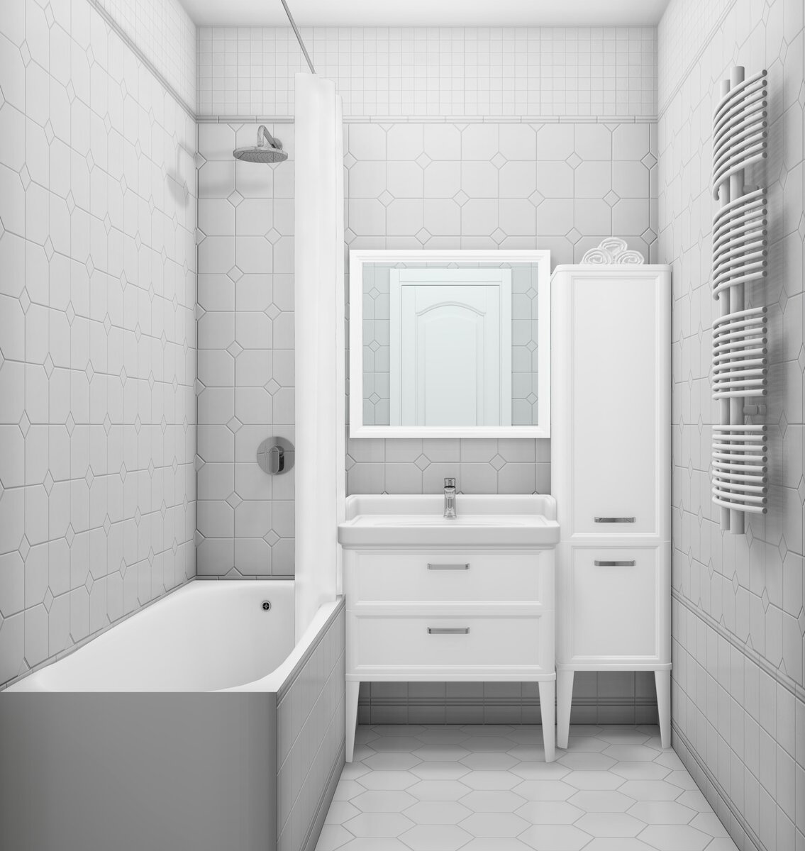 разработанный мной дизайн-проект ванной комнаты в белом цвете, разные форматы плитки Авеллино. На полу - керамогранит Буранелли.