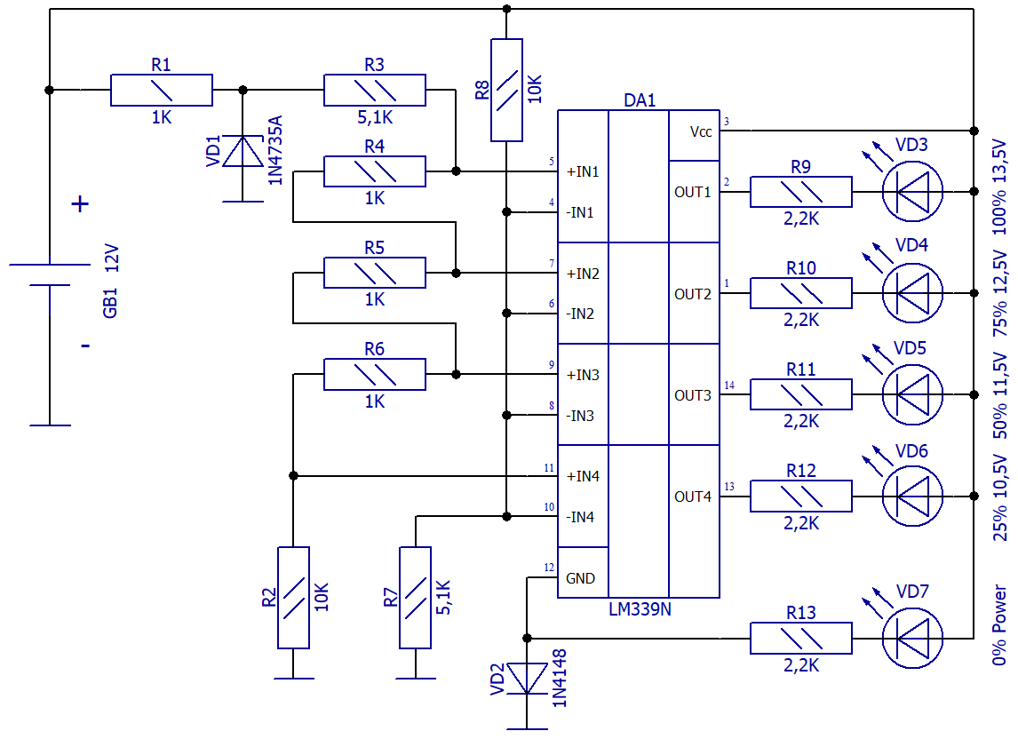Схема электрическая принципиальная LED-индикатора заряженности АКБ