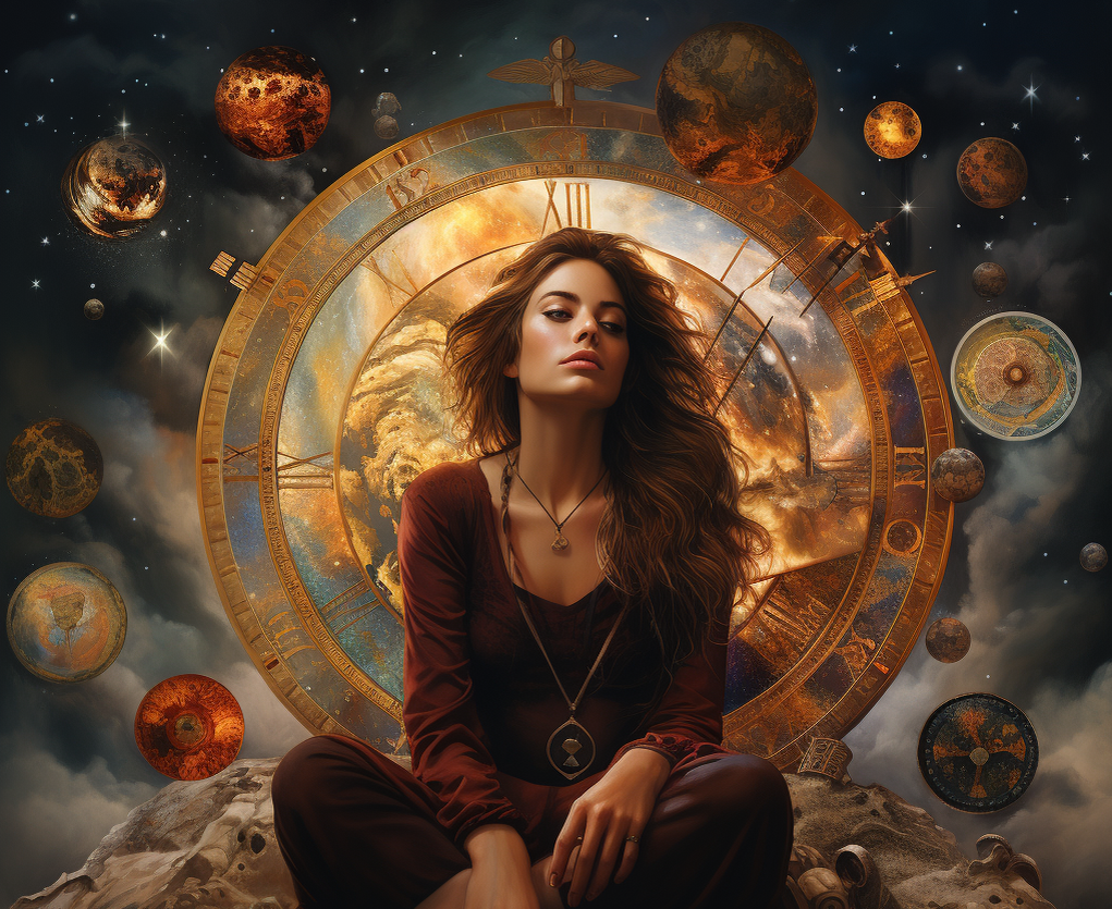 Девушка на фоне часов и планет. Иллюстрация сгенерирована нейросетью