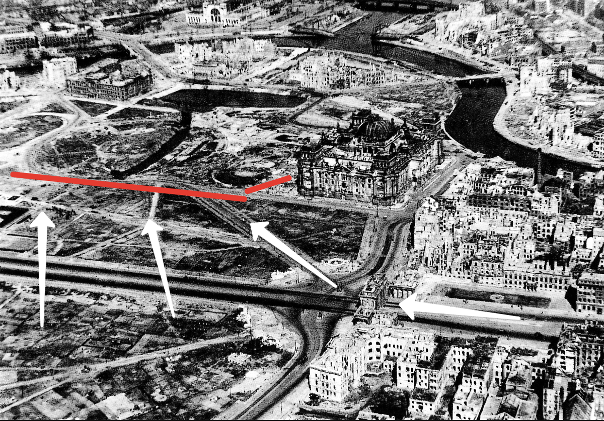 Белым контратака немцев в ночь на 1 мая 1945 года со стороны Тиргартена, красным наш рубеж