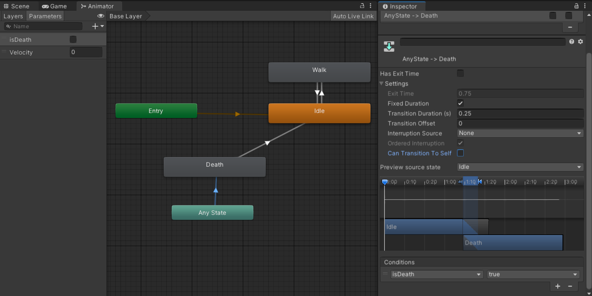 Теперь из любой анимации персонаж всегда сможет перейти в состояние Death, но важно не забыть в Settings убрать галочку с Can Transition To Self.
