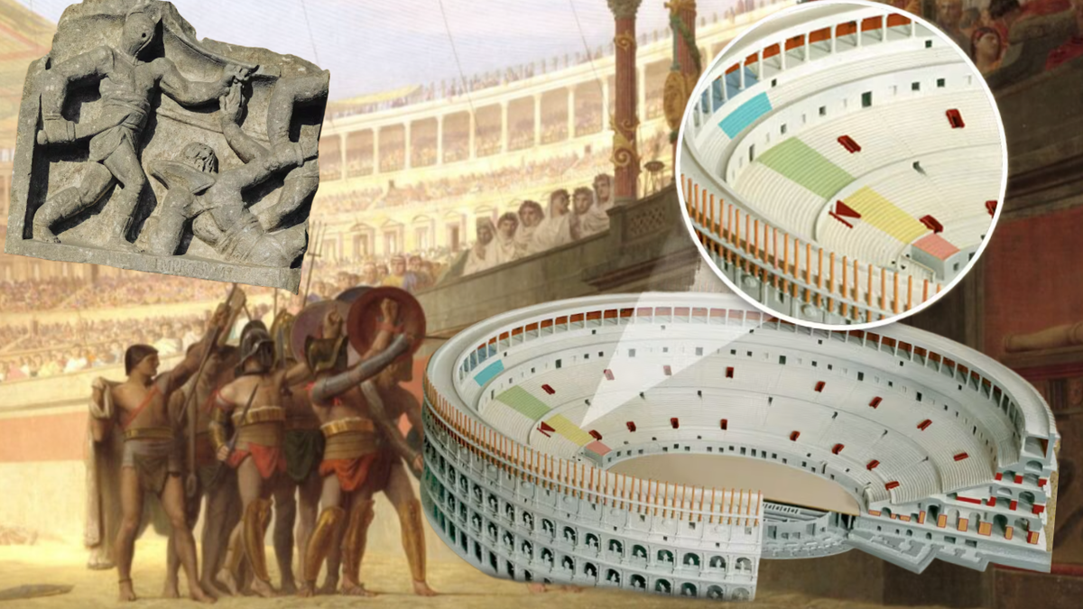 Места для зрителей: Красный подиум — элита и император со своей свитой (сидели ближе всего к арене). Желтый: Места для сенаторов, знати и богатой буржуазии. Зеленый: для среднего класса: купцов, солдат и т. д. Светло-голубой: здесь могли сидеть римские рабы, бедняки и иностранцы. Темно-синий: женщины сидели на самом верху, так как им не разрешалось видеть насилие вблизи.