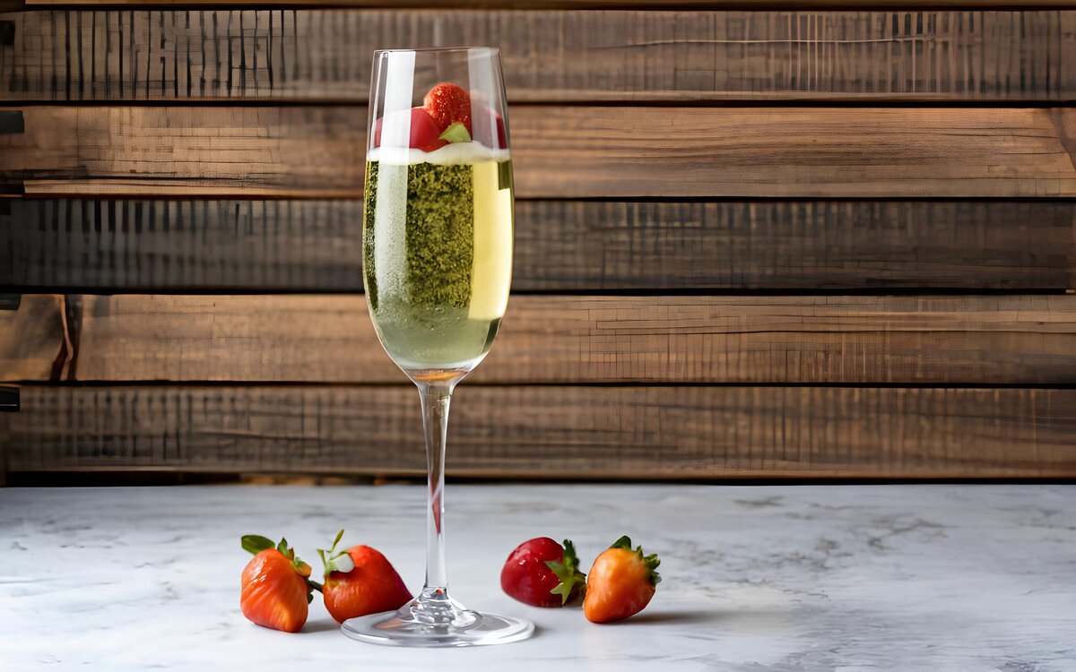 Шампанское украшено клубникой