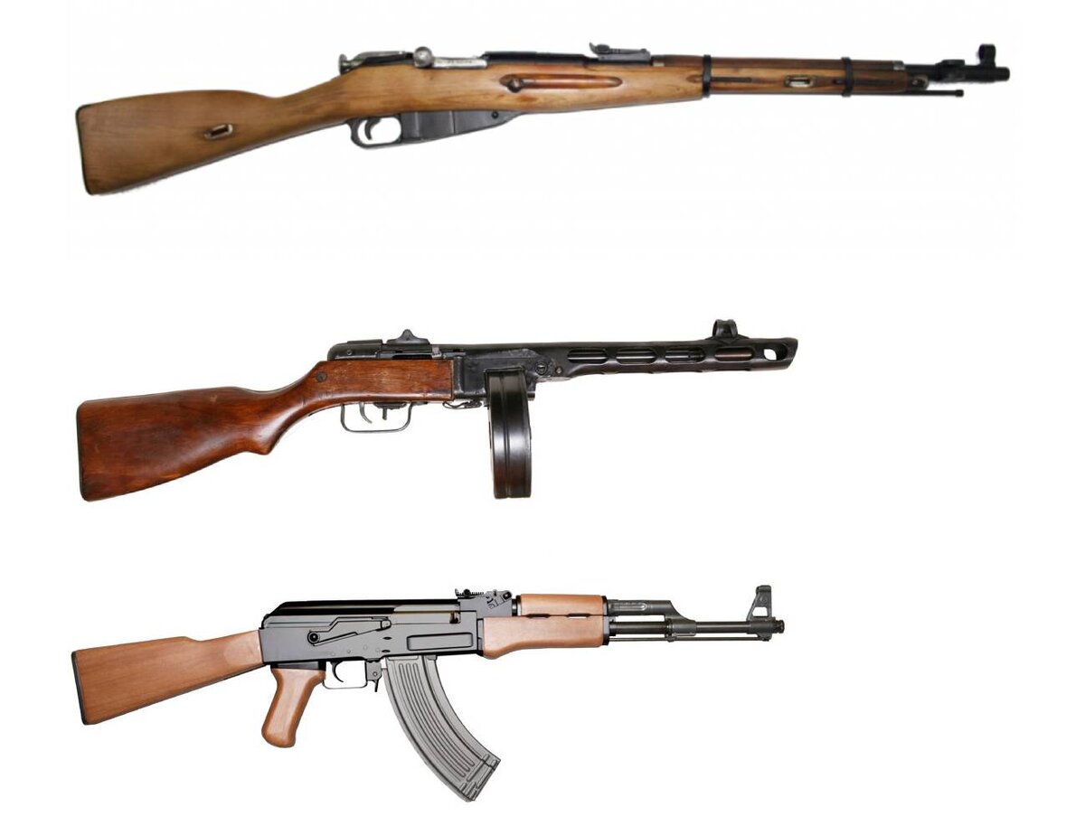 1) Русская 3-линейная (7,62-мм) винтовка Мосина образца 1891 года; 2) 7,62-мм пистолет-пулемёт образца 1941 года системы Шпагина (ППШ); 3) 7,62-мм автомат Калашникова (АК)