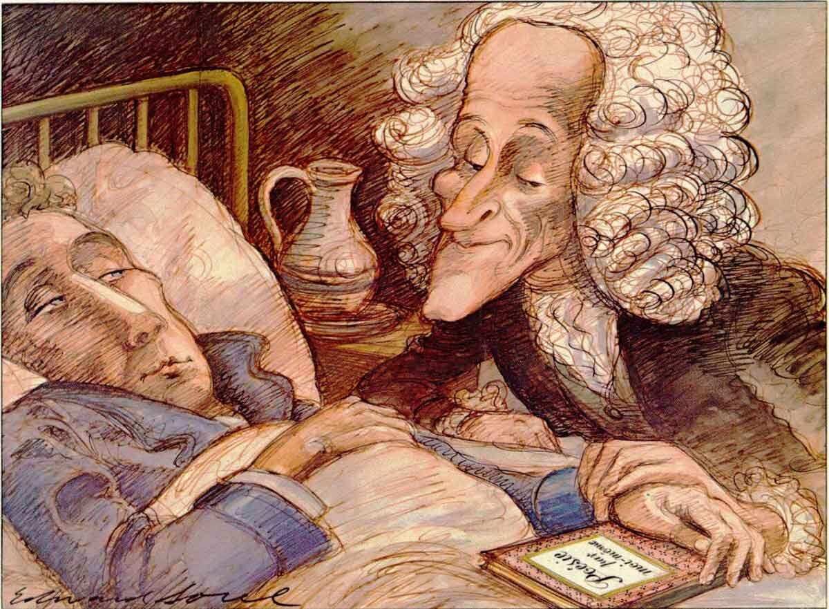 Карикатурный рисунок, изображающий Фредерика с гуманистом Вольтером, с которым он часто переписывался, The Atlantic.