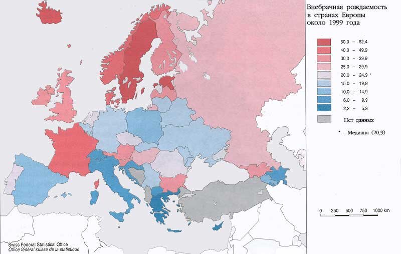 Внебрачная рождаемость по странам Европы. Около 1999. (с) из открытых источников.