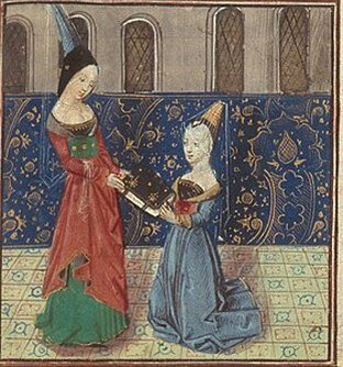 Маргарита Бургундская, которой Кристина Пизанская дарит свою книгу. Иллюстрация из открытых источников