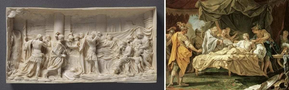 Смерть Александра Великого, приписываемая Доминикусу Стейнхарду, ок. 1680–1690, Художественная галерея Онтарио; смерть Александра Великого, Жан Ресту II, ок. 1692–1768, частное собрание.