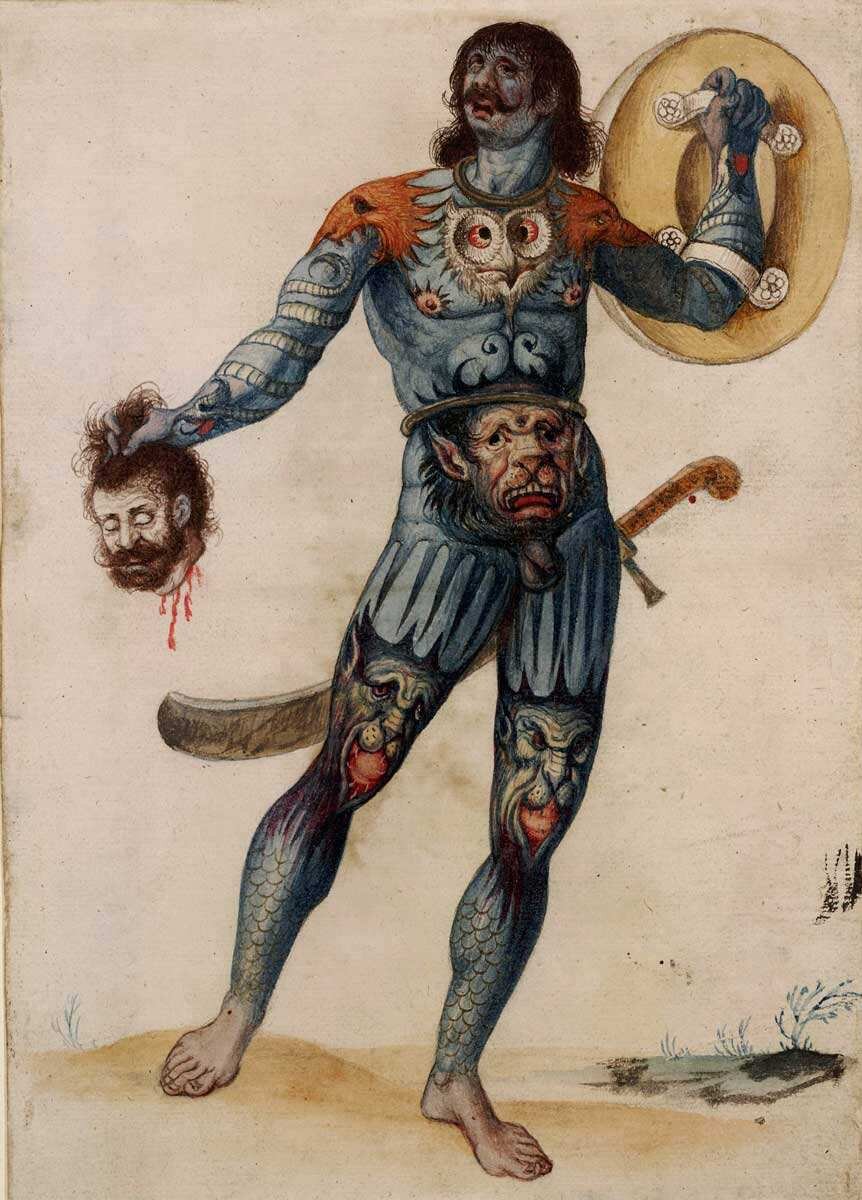 Пиктский воин, держащий голову, картина Джона Уайта, 1585–1593 гг. Н. Э., Британский музей, Лондон.