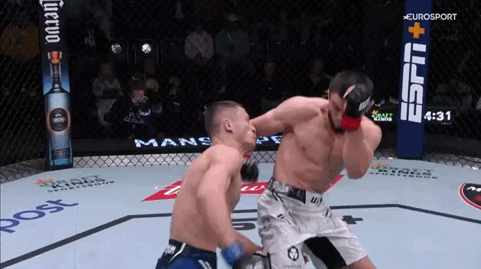 Нурмагомедов пропускает скользящий удар и отлетает 