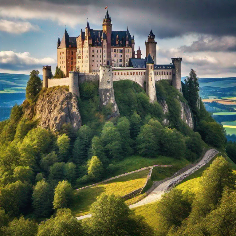 Величественный замок на холме, украшенный знаменами и гербами, свидетельствующими о его статусе и гордости.