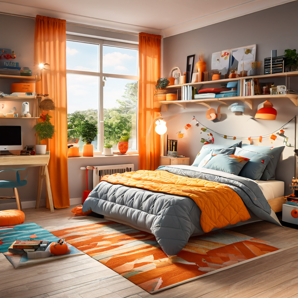 Визуализация. Интерьер комнаты подростка. Яркие текстильные акценты уравновешиваются спокойным бежевым оттенком стен и пола.