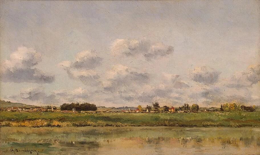 Ш.-Ф. Добиньи. Пейзаж с рекой и деревней. Конец 1860-х гг. Государственный Эрмитаж. Источник: https://collections.hermitage.ru/entity/OBJECT/37052?avtor=897&index=0