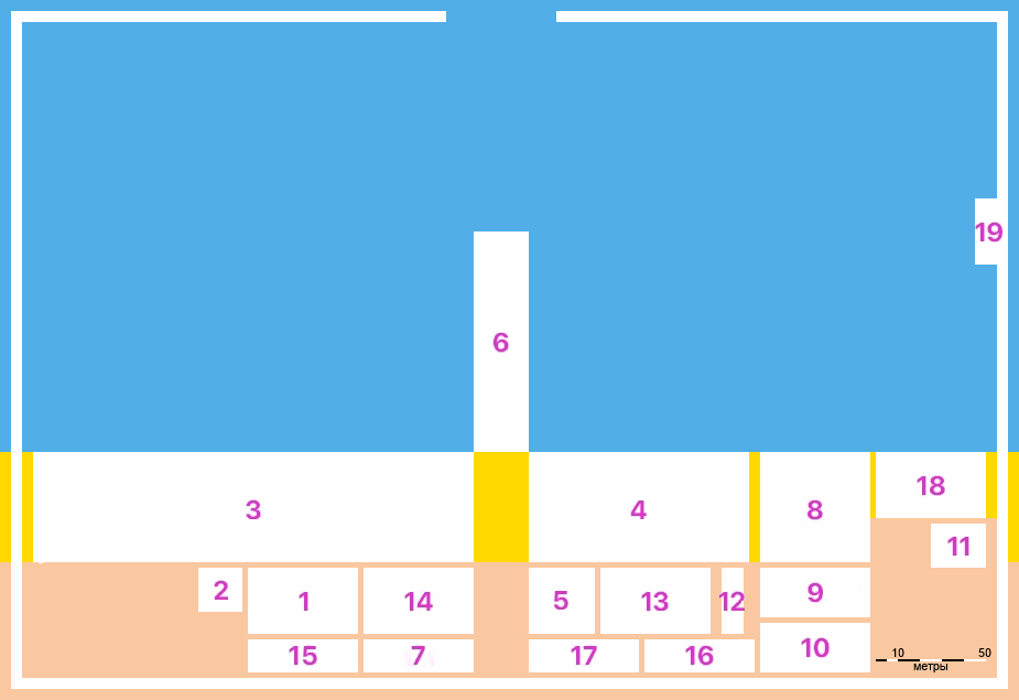 Схема судоверфи реконструкторов: 1. Мастерские морского дела со складами, 2. Маяк, 3. Ангары византийских кораблей, 4. Ангары кораблей противников империи, 5. Столовая, 6. Пристань, 7. Склад грузов, 8. Сухие доки, 9. Площадка для обработки материалов, 10. Корабельный арсенал, 11. Тренировочный бассейн, 12. Здание виртуальной реальности, 13. Комплекс примерочных, 14. Детский павильон, 15. Конюшни, 16. Книжная лавка,17. Лавка сувениров, 18. Трибуны, 19. Причал для огненосных кораблей