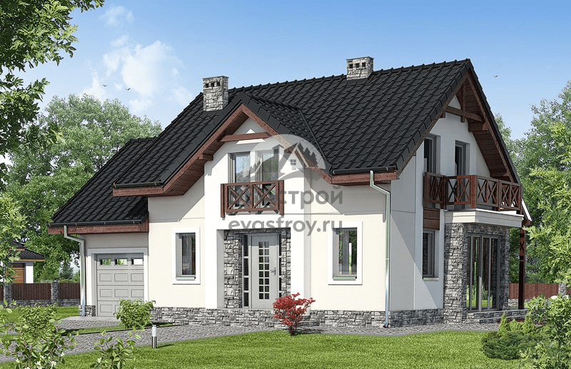 Проект двухэтажного дома 158 м2 с гаражом, балконом и террасой