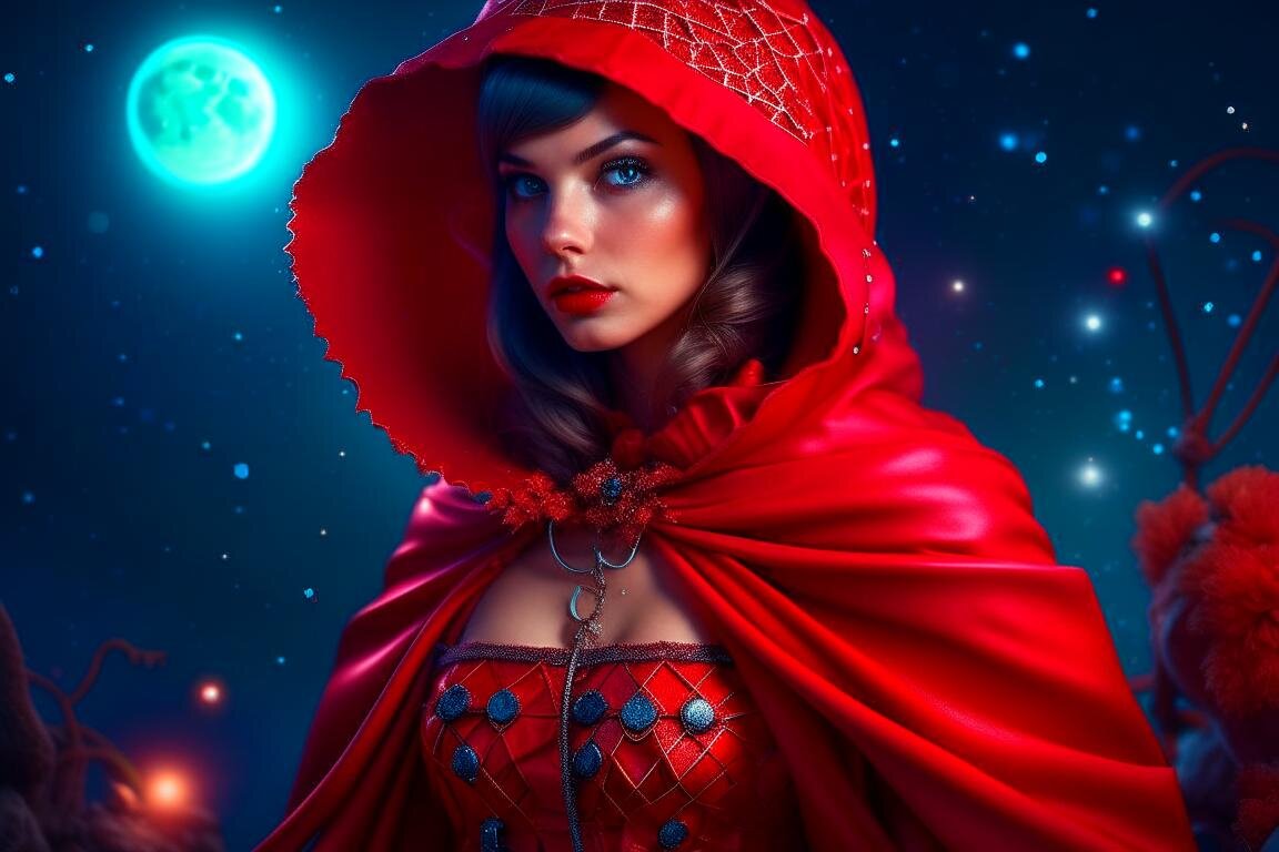 Красотка красная шапочка на фоне лунного неба.
