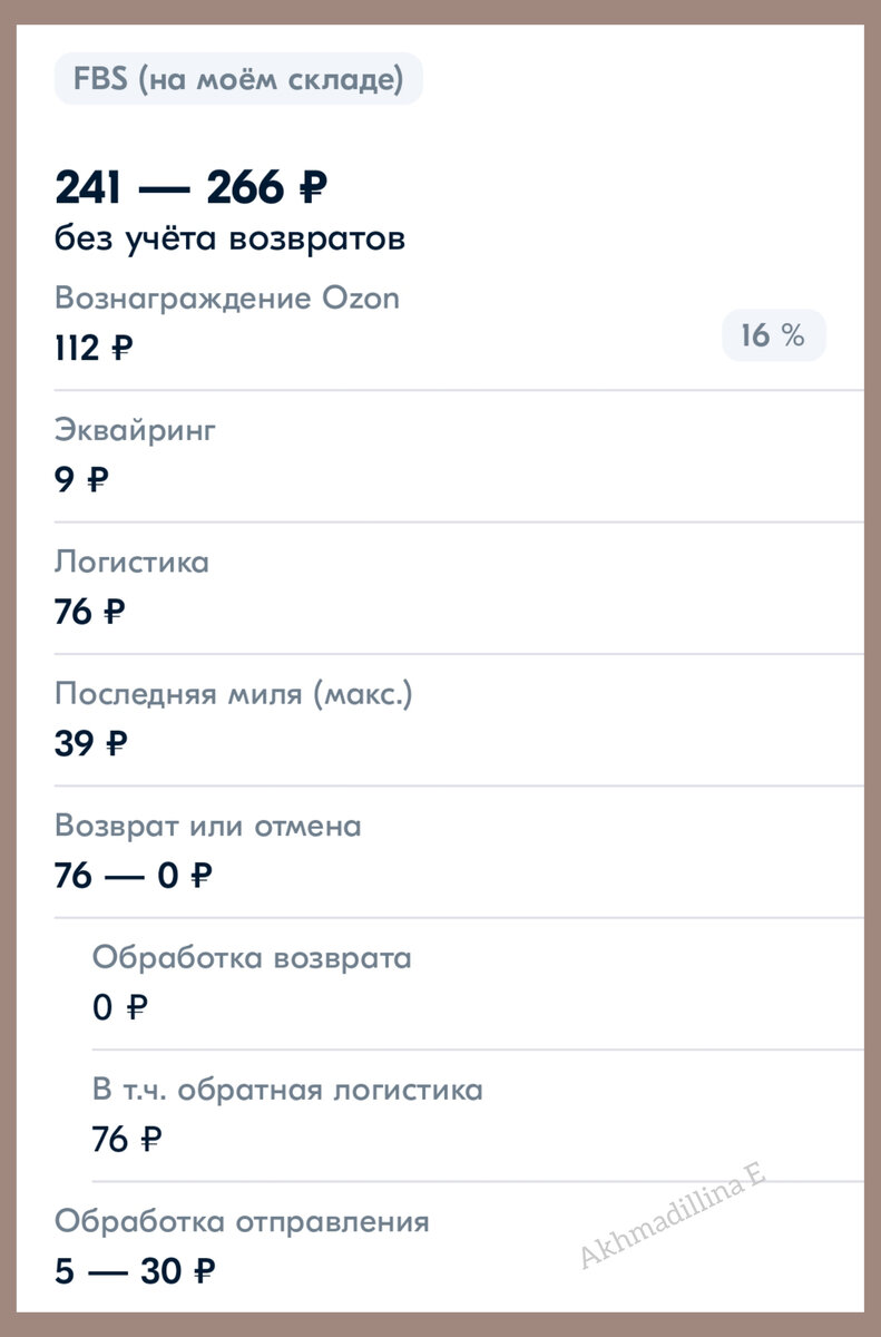 Стоимость товара почти 850₽. 266₽ (всегда высшая цифра из написанных) отнимается в пользу Озон. Это без учёта возможного возврата, естественно. 