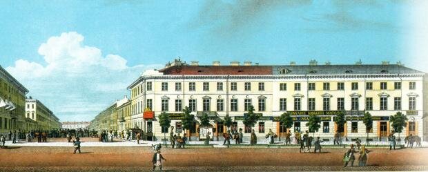 Фрагмент Панорамы Невского проспекта, дома 26,28. Литография И. А. Иванова с рис. В. С. Садовникова. 1830-е гг.
Источник: citywalls.ru