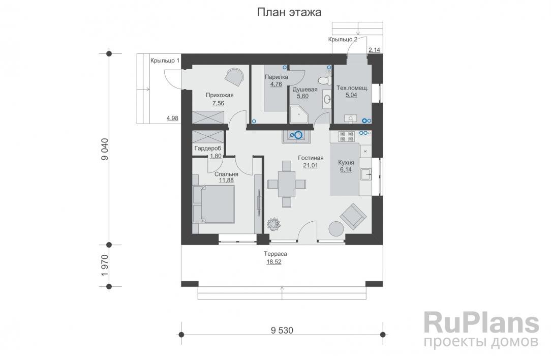 Проект одноэтажного дома 100 м2 с террасой 2 спальнями