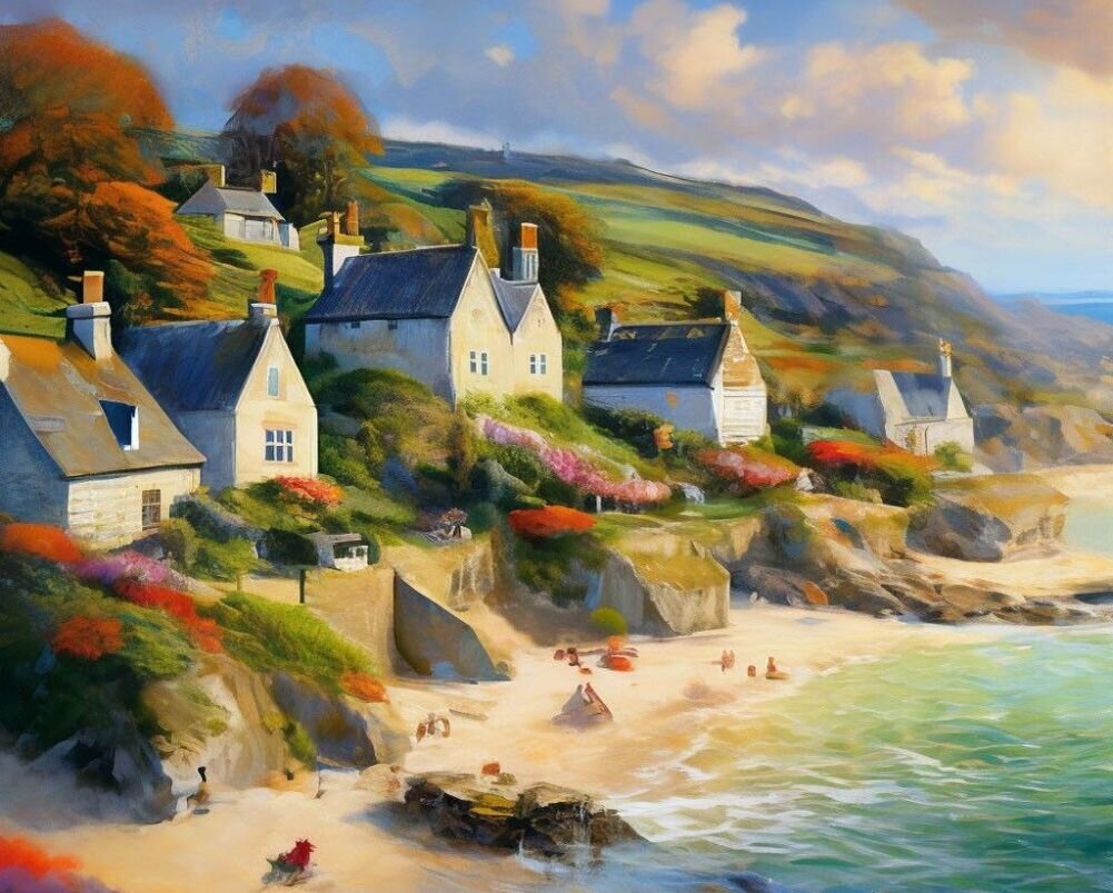 Поселок на морском побережье. Картинка сгенерирована нейросетью.